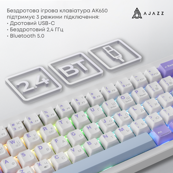 Бездротова механічна клавіатура Ajazz AK650 Flying Fish Switch - Purple (AK650-FF-PWB) (AK650-FF-PWB) - купити в Україні за низькою ціною в інтернет-магазині "Rincom"