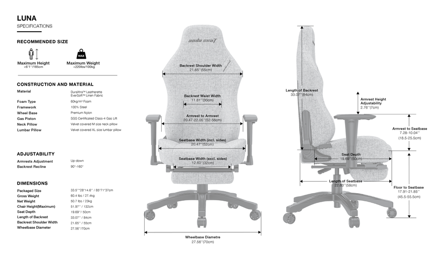 Крісло ігрове Anda Seat Luna Pro Gray Fabric Size L (AD18T-44-G-F)
