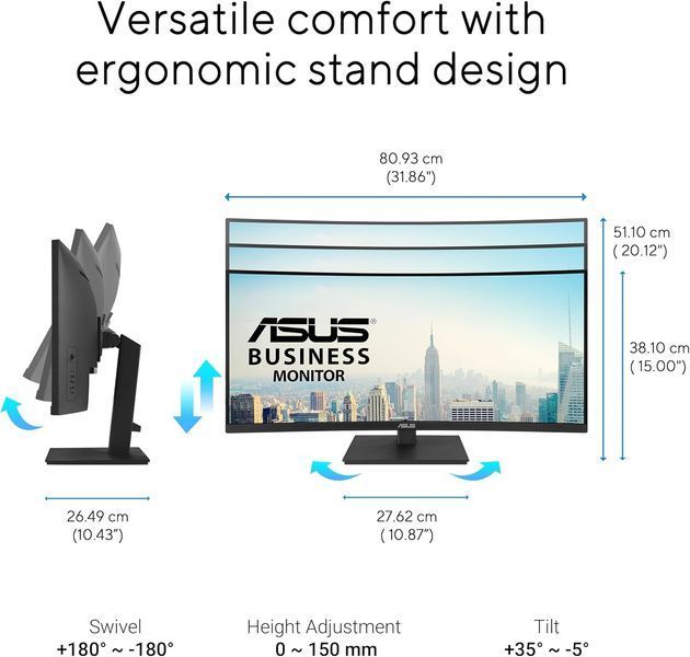 Монітор Asus 34" VA34VCPSR HDMI, DP, USB-C, 3xUSB, RJ-45, MM, VA, 3440x1440, 21:9, 100Hz, 4ms, CURVED, AdaptiveSync, HAS (90LM08JJ-B02170) - купити в Україні за низькою ціною в інтернет-магазині "Rincom"