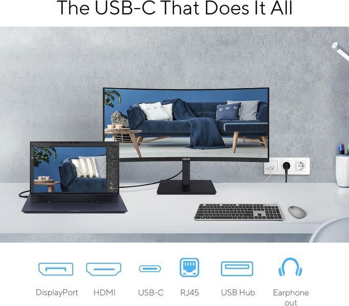 Монітор Asus 34" VA34VCPSR HDMI, DP, USB-C, 3xUSB, RJ-45, MM, VA, 3440x1440, 21:9, 100Hz, 4ms, CURVED, AdaptiveSync, HAS (90LM08JJ-B02170) - купити в Україні за низькою ціною в інтернет-магазині "Rincom"