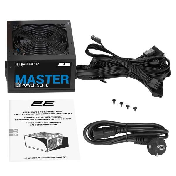 Блок живлення 2E Master Power (550W), >80%, 80+ White, 120мм, 1xMB 24pin(20+4), 1xCPU 8pin(4+4), 3xMolex, 5xSATA, 2xPCIe 8pin(6+2) (2E-MP550-120APFC) - купити в Україні за низькою ціною в інтернет-магазині "Rincom"