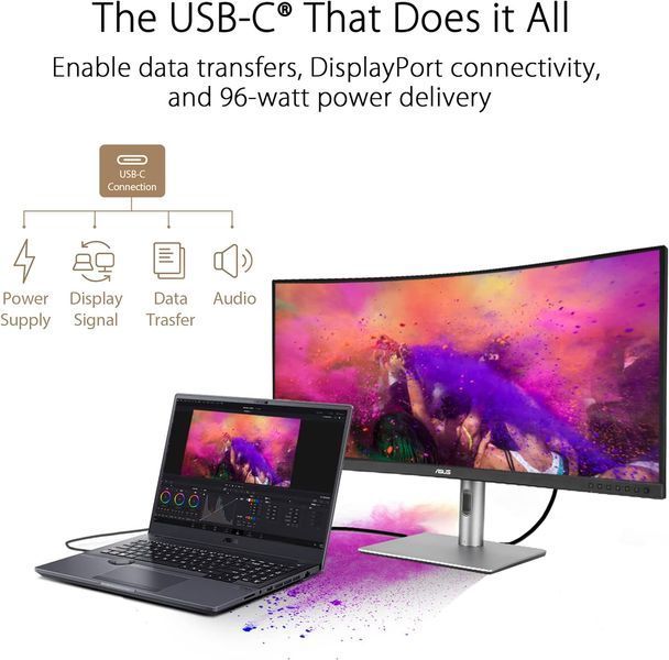 Монітор Asus 34.1" ProArt PA34VCNV 2xHDMI, 2xDP, USB-C, 2xUSB, RJ-45, MM, IPS, 3440x1440, 21:9, sRGB 100%, CURVED, AdaptiveSync, HAS, HDR10 (90LM04A0-B02370) - купити в Україні за низькою ціною в інтернет-магазині "Rincom"