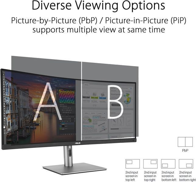 Монітор Asus 34.1" ProArt PA34VCNV 2xHDMI, 2xDP, USB-C, 2xUSB, RJ-45, MM, IPS, 3440x1440, 21:9, sRGB 100%, CURVED, AdaptiveSync, HAS, HDR10 (90LM04A0-B02370) - купити в Україні за низькою ціною в інтернет-магазині "Rincom"