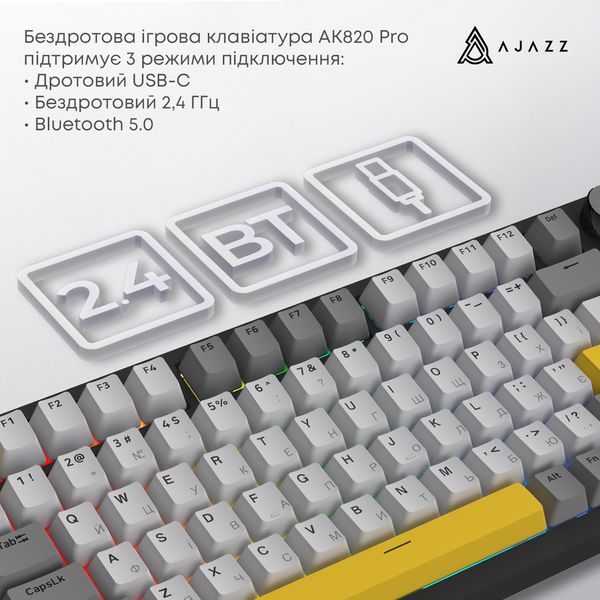 Бездротова механічна клавіатура Ajazz AK820 PRO 75% Flying Fish Switch Black RGB (AK820PRO-FF-BGY) (AK820PRO-FF-BGY) - купити в Україні за низькою ціною в інтернет-магазині "Rincom"